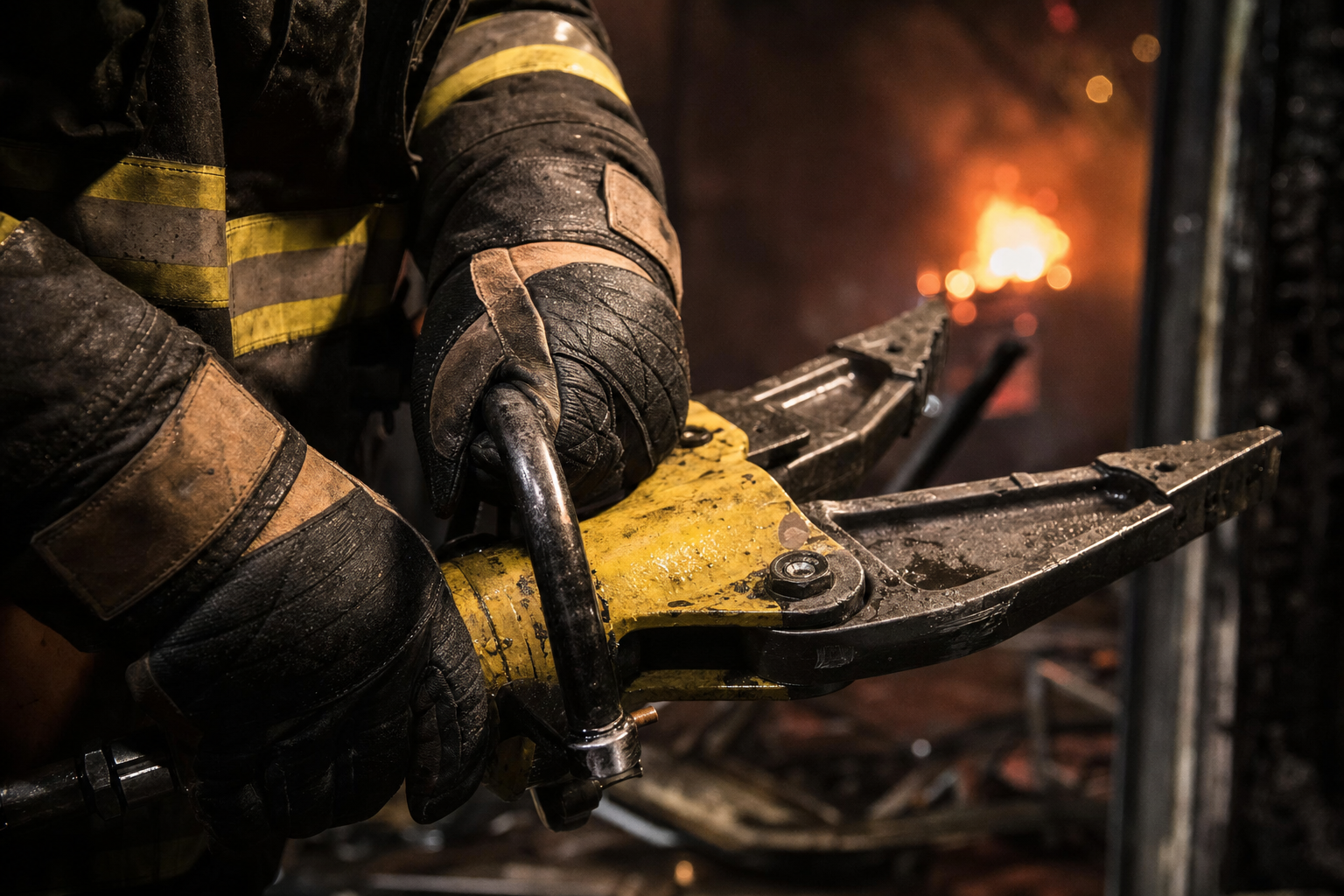 Firefighter rescue gloves in use