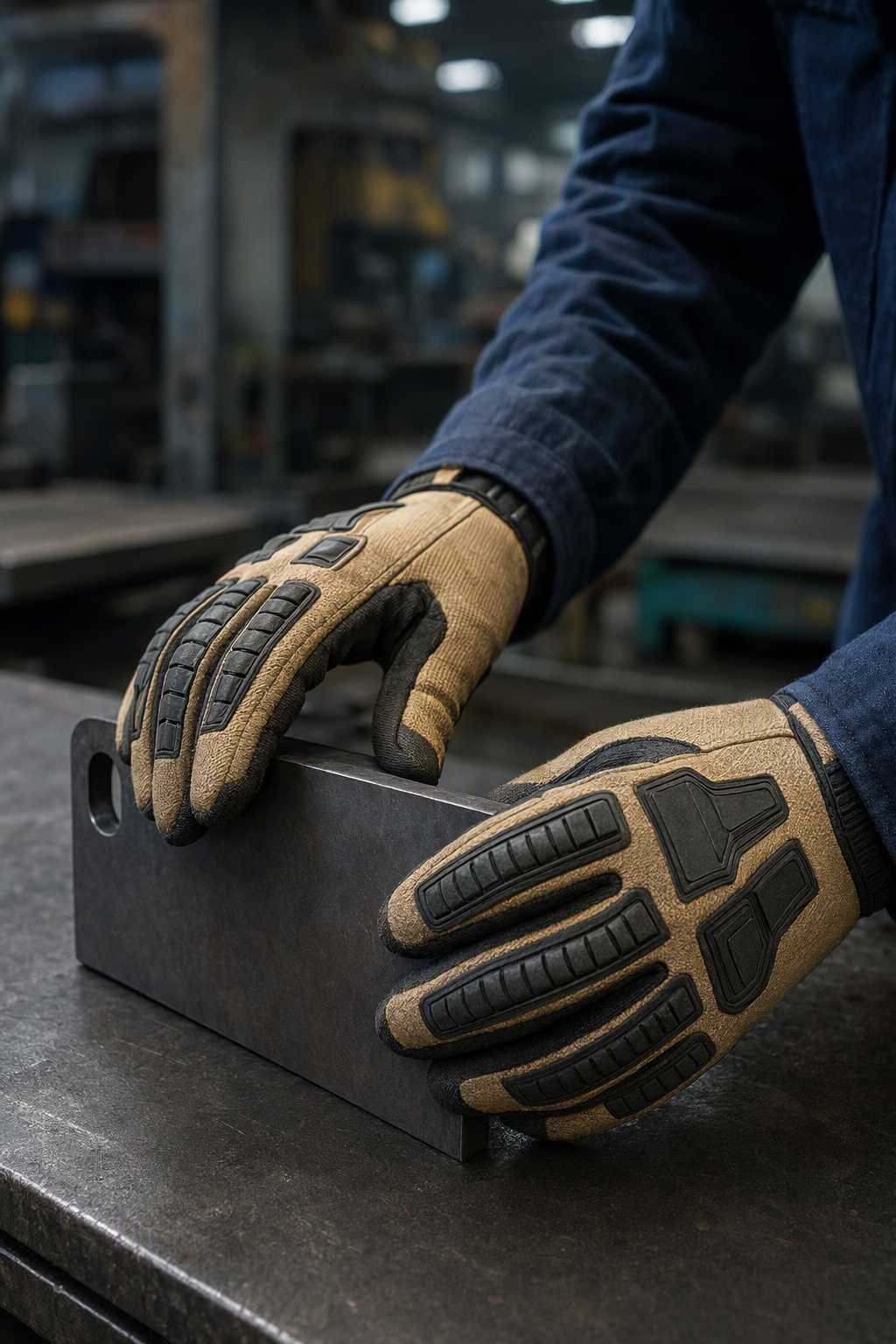 Industrial safety gloves in a workshop